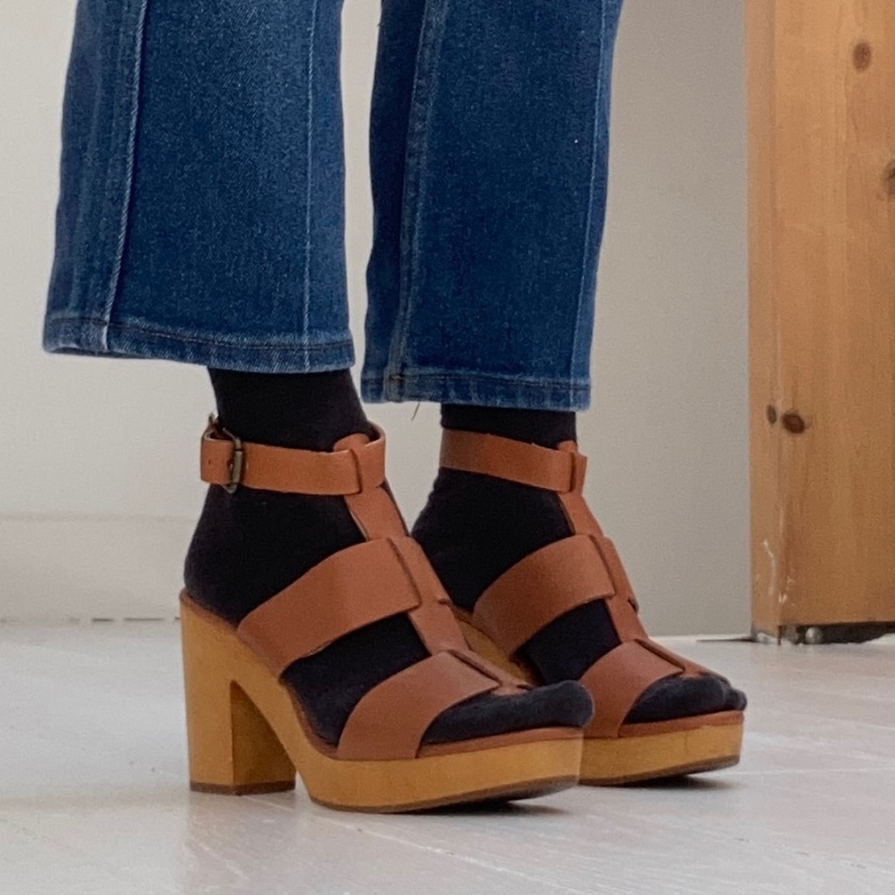 Madewell leather and wood straps gladiator sandals platforms size French 38, US